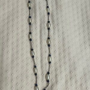 Pearl and lapis Bead Necklace hand knotted -Vintage